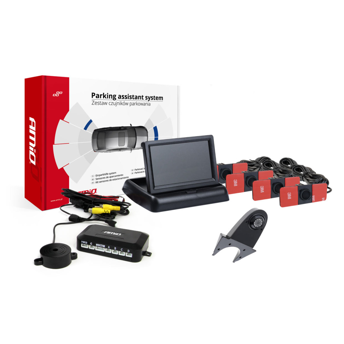 Parkeringshjälpsystem TFT02 4,3" med HD-502-IR-kamera, 4 svarta sensorer, intern installation