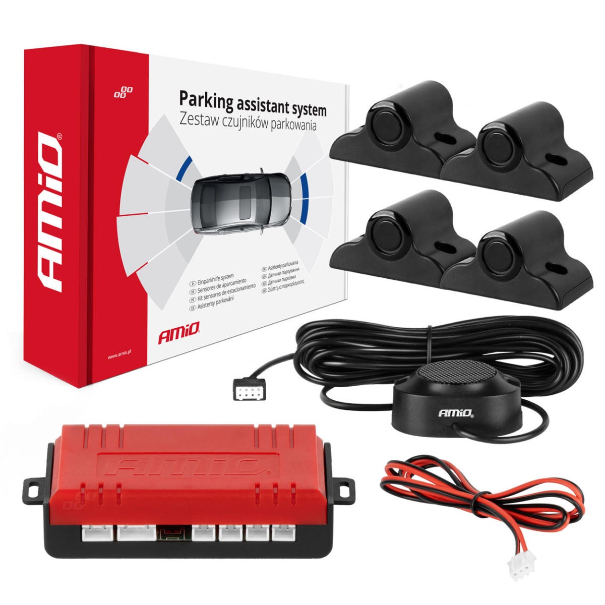 Parkeringshjälpsystem LASTBIL/BUSS, 4 svarta sensorer med summer 19 mm AMIO-02278