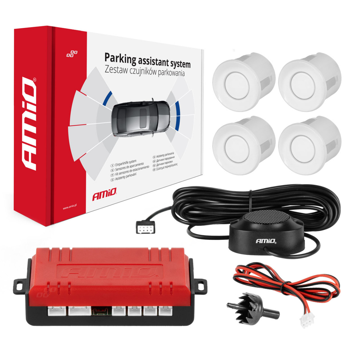 Parkeringshjälpsystem med ljudsignal, 4 vita sensorer 22 mm AMIO-01568