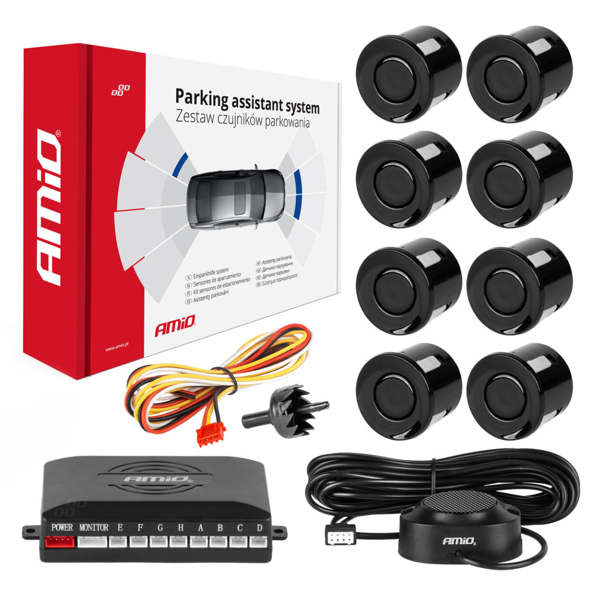 Parkeringshjälpsystem med ljudsignal, 8 svarta sensorer 22 mm AMIO-01575