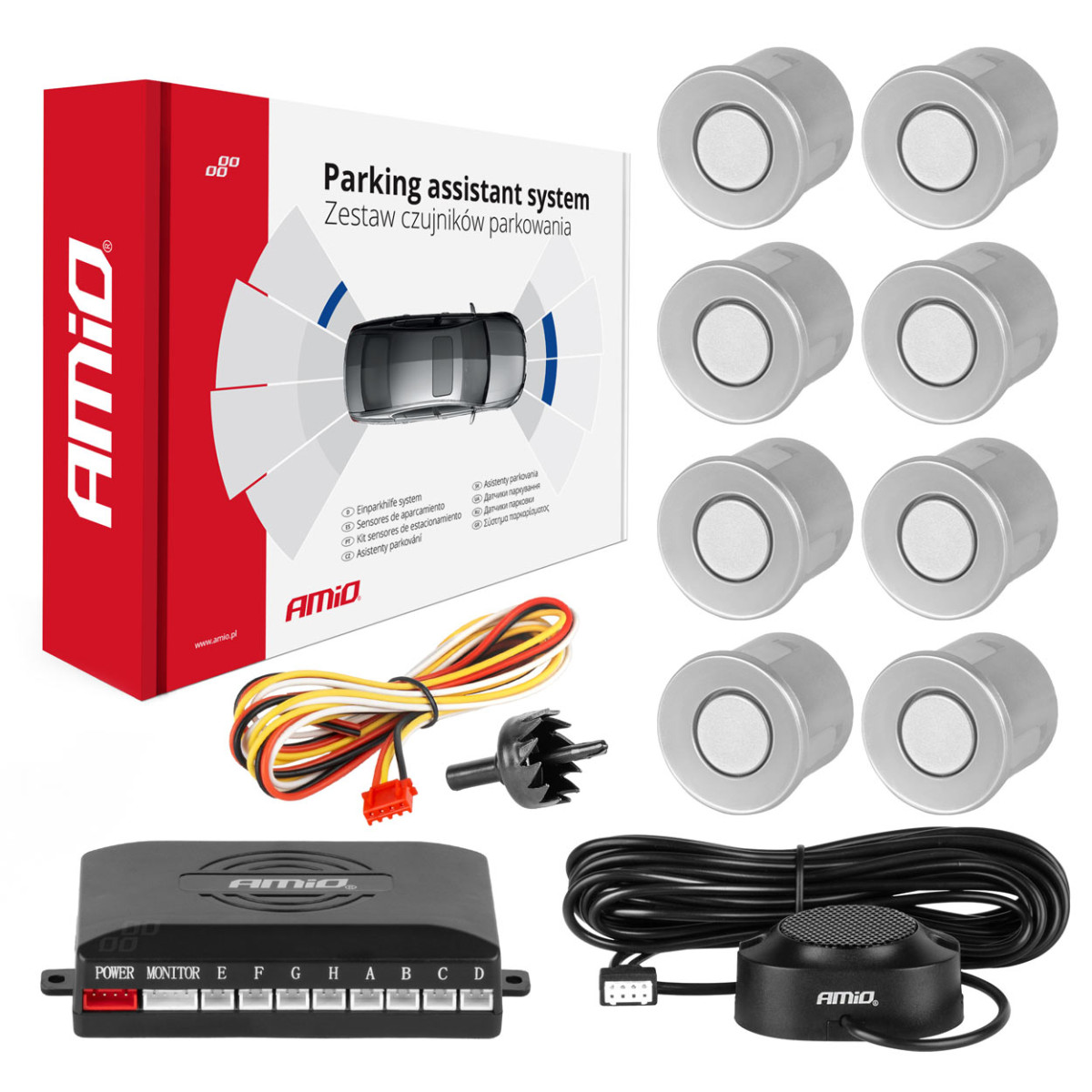 Parkeringshjälpsystem med ljudsignal, 8 silverfärgade sensorer 22 mm AMIO-01596