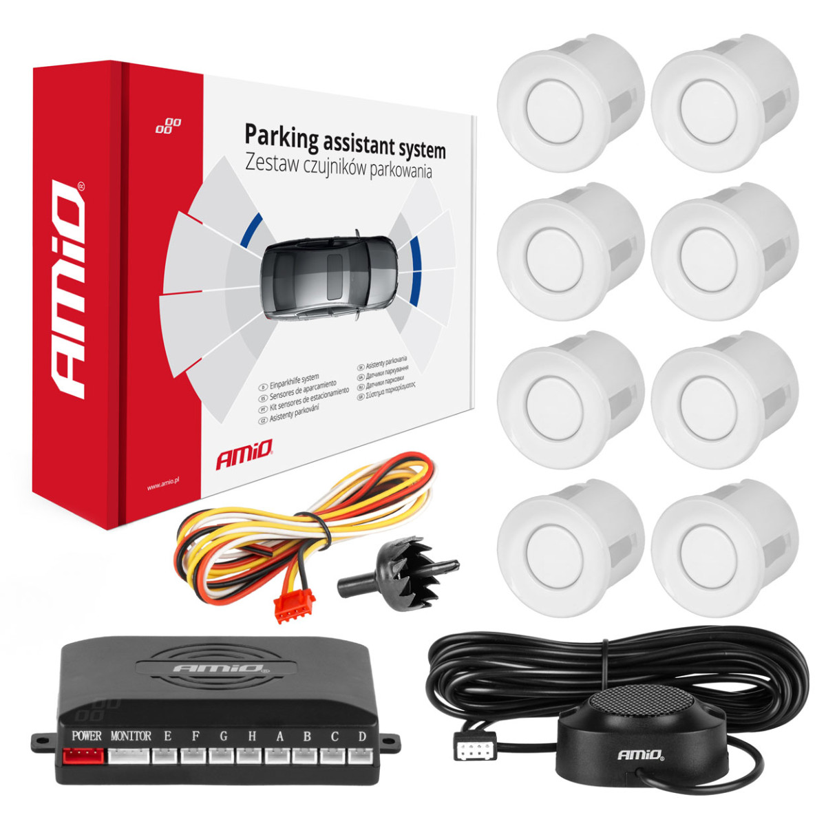 Parkeringshjälpsystem med ljudsignal, 8 vita sensorer 22 mm AMIO-01599