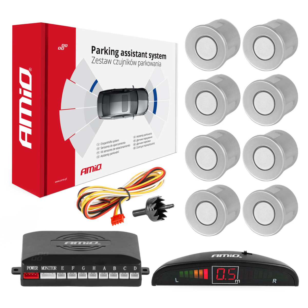 Parkeringshjälpsystem LED, 8 silverfärgade sensorer 22 mm AMIO-01598