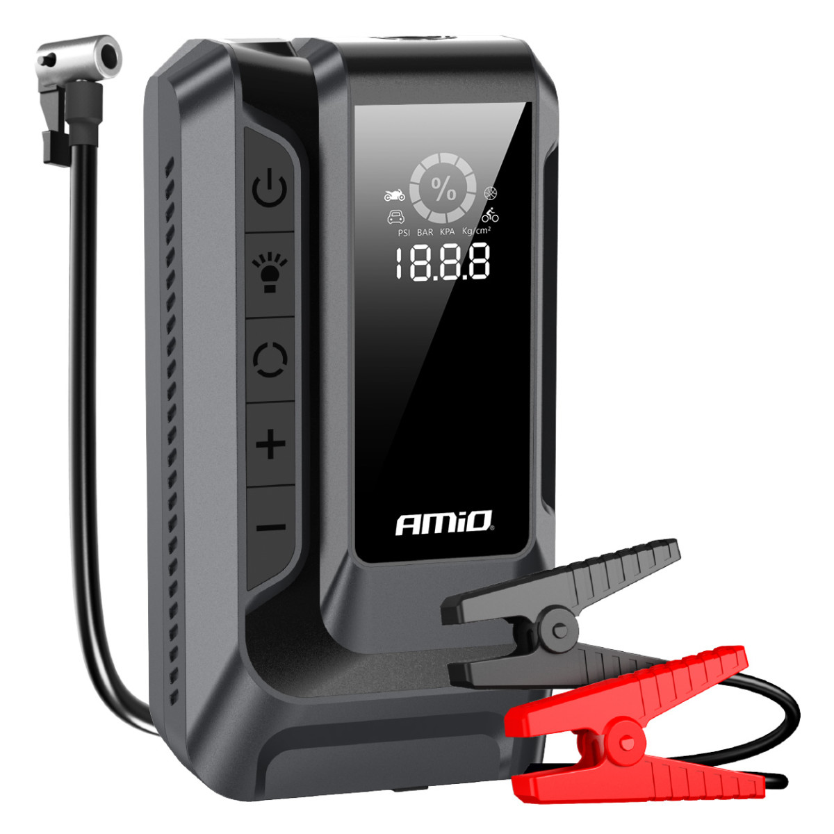4-i-1 bilstartare (booster) med kompressor, LED-ficklampa och Powerbank 12V 12Ah 1600A AMIO-04677