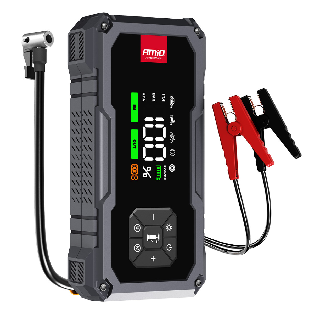4-i-1 Bilstartare/LED/Kompressor/Powerbank 12V 7.2Ah 600A PRO AMIO-04674