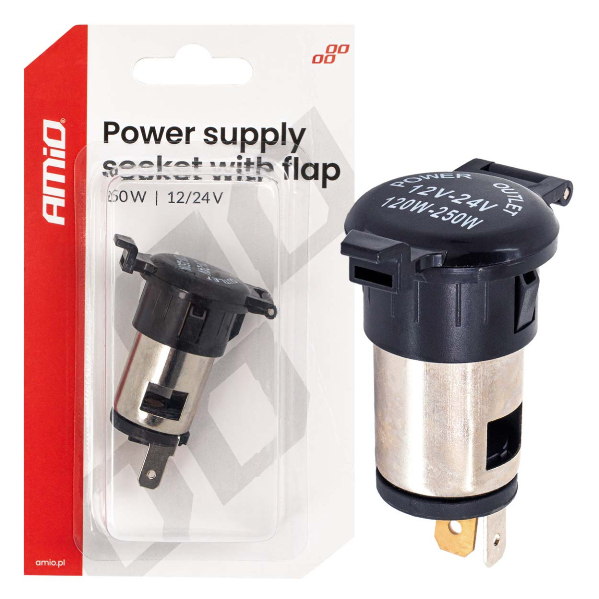 Extra eluttag med lock 250W 12V/24V, AMIO-04434