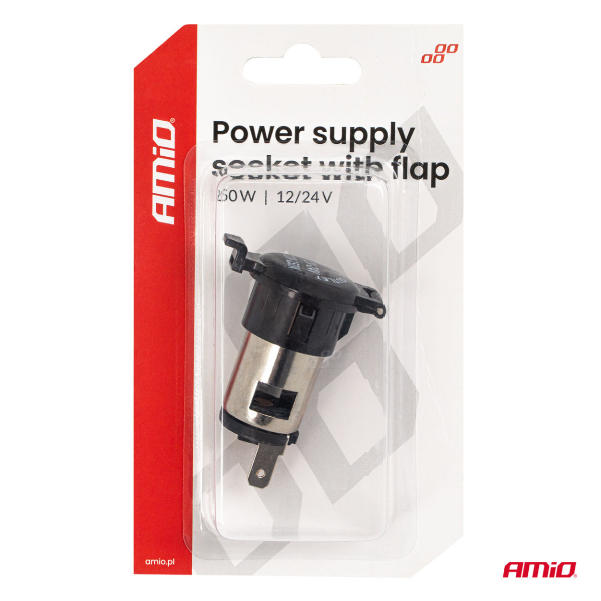 Extra eluttag med lock 250W 12V/24V, AMIO-04434