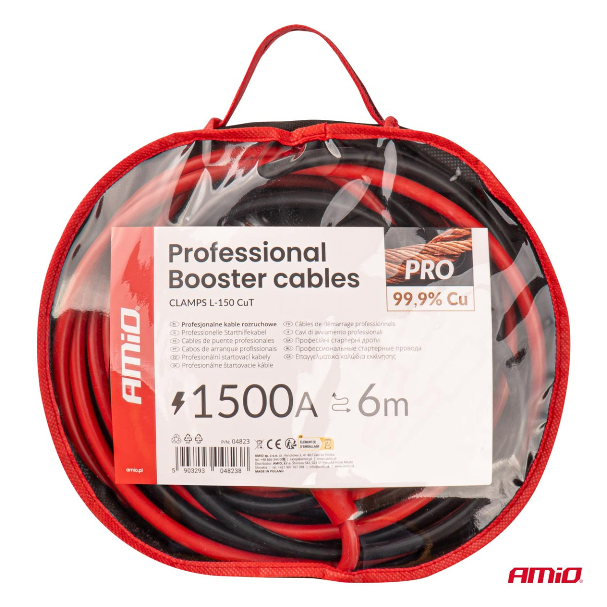 Startkablar 1500A, 6 m, 99,9 % koppar, AMIO-04823