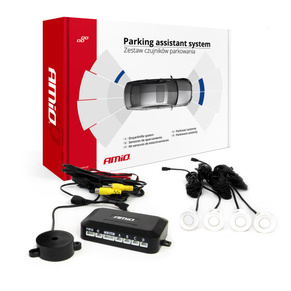 Parkeringssensorsats för kamera och LCD-display, vit 22mm AMIO-02991