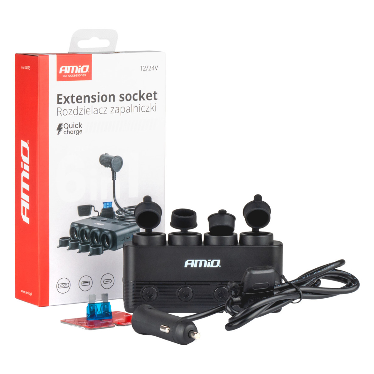 Bilgrenuttag med 4 uttag, PD 30W och QC3.0 12/24V, max 216W AMIO-04175