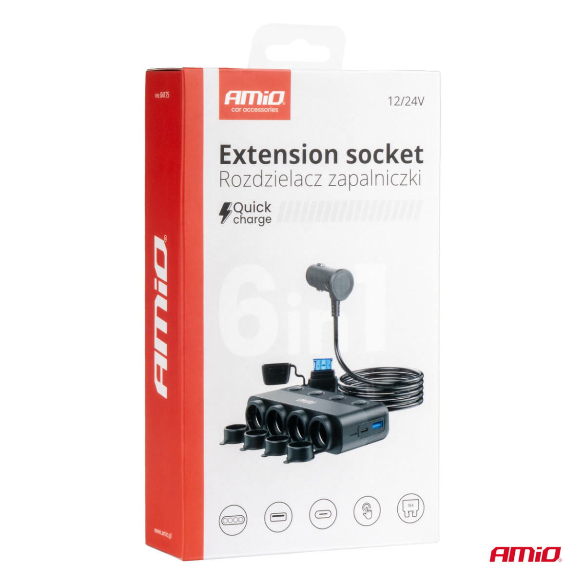 Bilgrenuttag med 4 uttag, PD 30W och QC3.0 12/24V, max 216W AMIO-04175