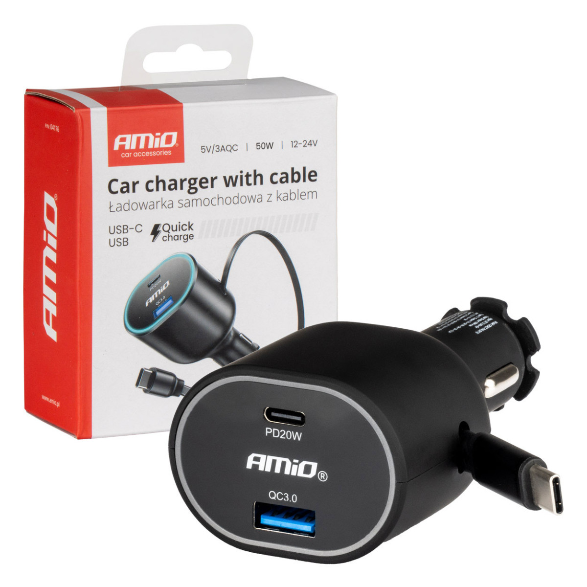 Snabb billaddare 3.0 med 30W USB-C utdragbar kabel PD20W AMIO-04176