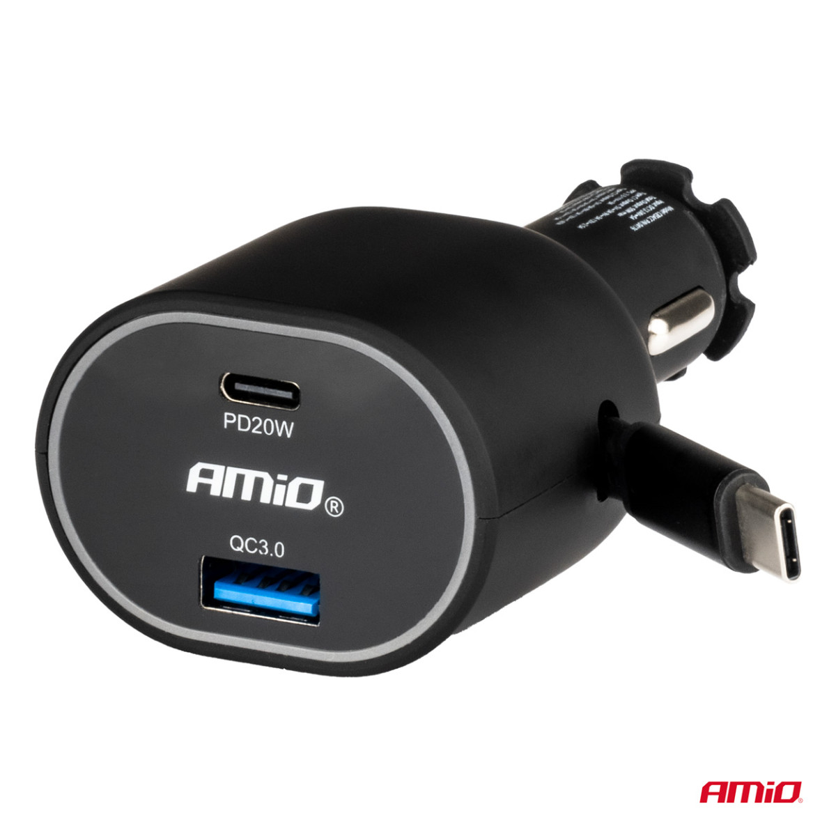 Snabb billaddare 3.0 med 30W USB-C utdragbar kabel PD20W AMIO-04176