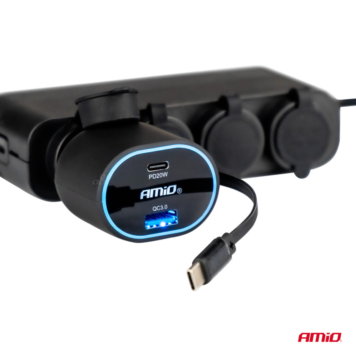 Snabb billaddare 3.0 med 30W USB-C utdragbar kabel PD20W AMIO-04176