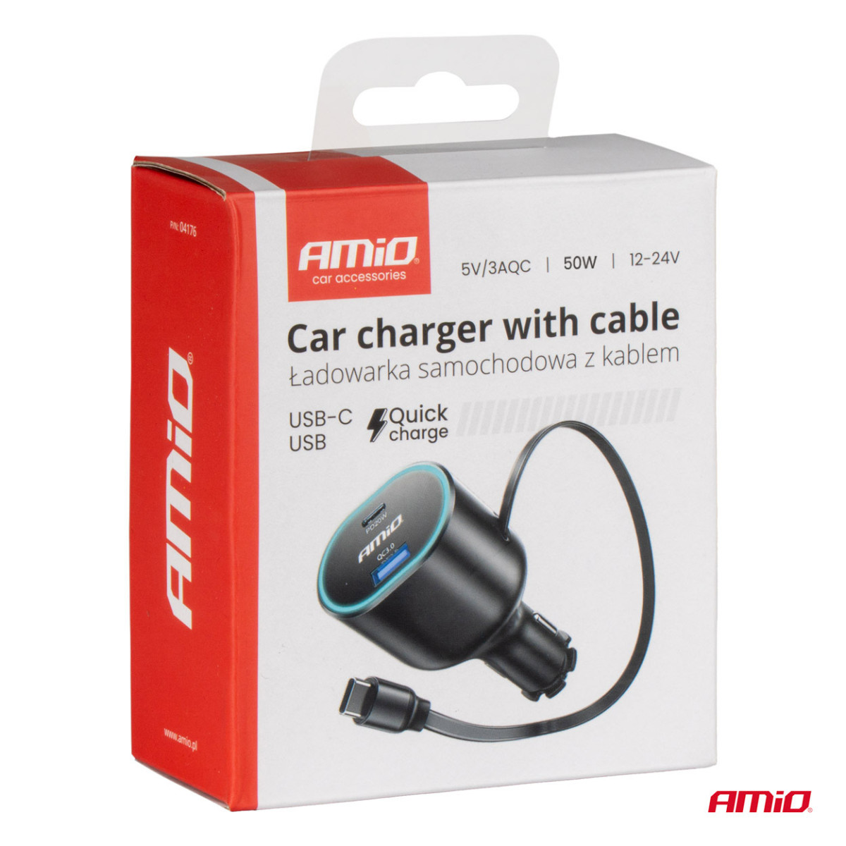 Snabb billaddare 3.0 med 30W USB-C utdragbar kabel PD20W AMIO-04176