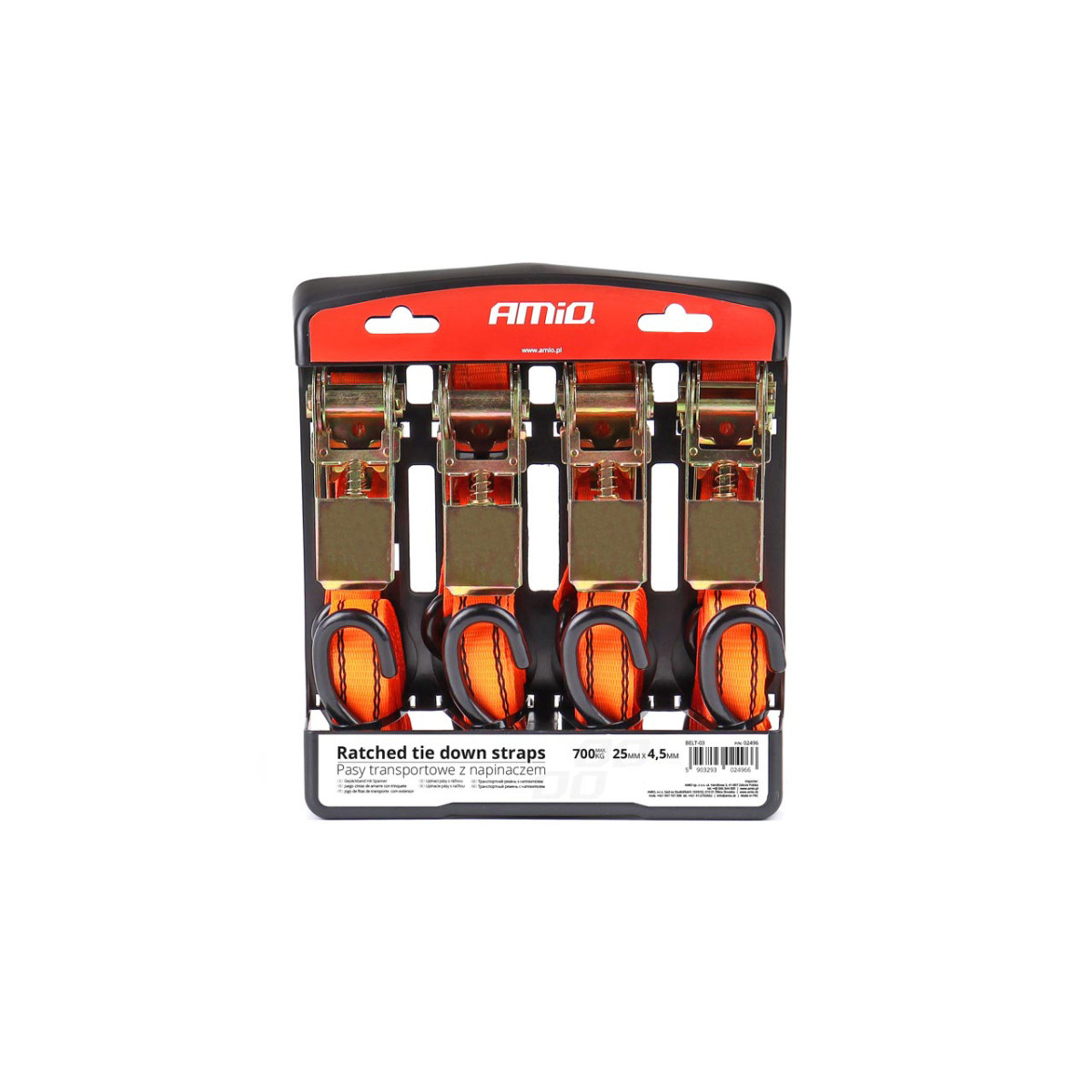 Surrningsbandsset med spännare 700 kg, 25 mm × 4,5 m, 4 st., BELT-03 AMIO-02496