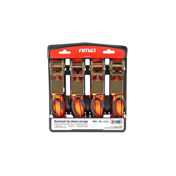 Surrningsbandsset med spännare 700 kg, 25 mm × 4,5 m, 4 st., BELT-03 AMIO-02496