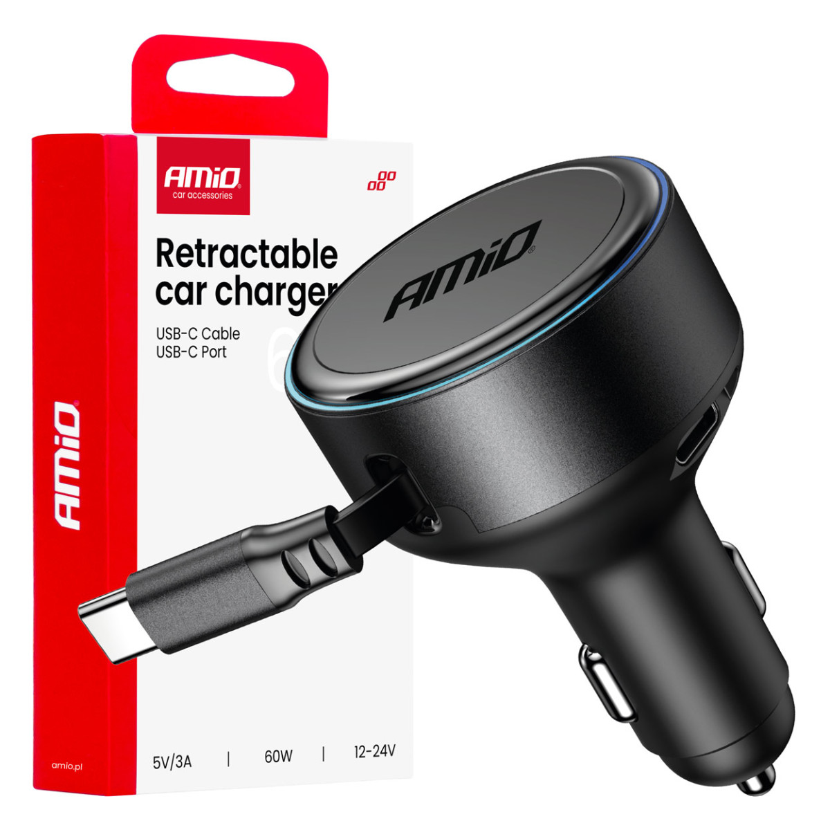 Billaddare med utdragbar C-kabel och USB-C 12/24V 60W AMIO-04368