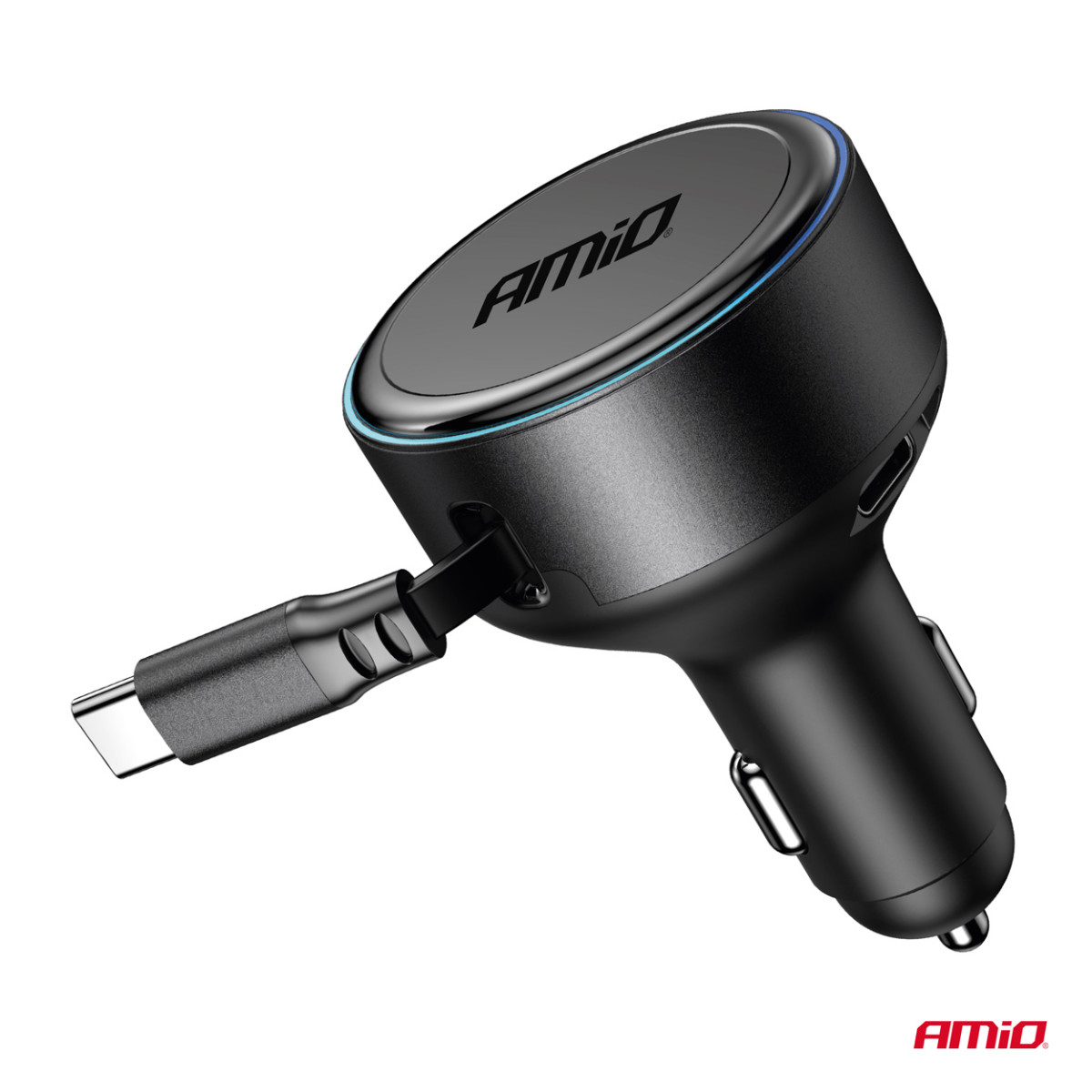Billaddare med utdragbar C-kabel och USB-C 12/24V 60W AMIO-04368