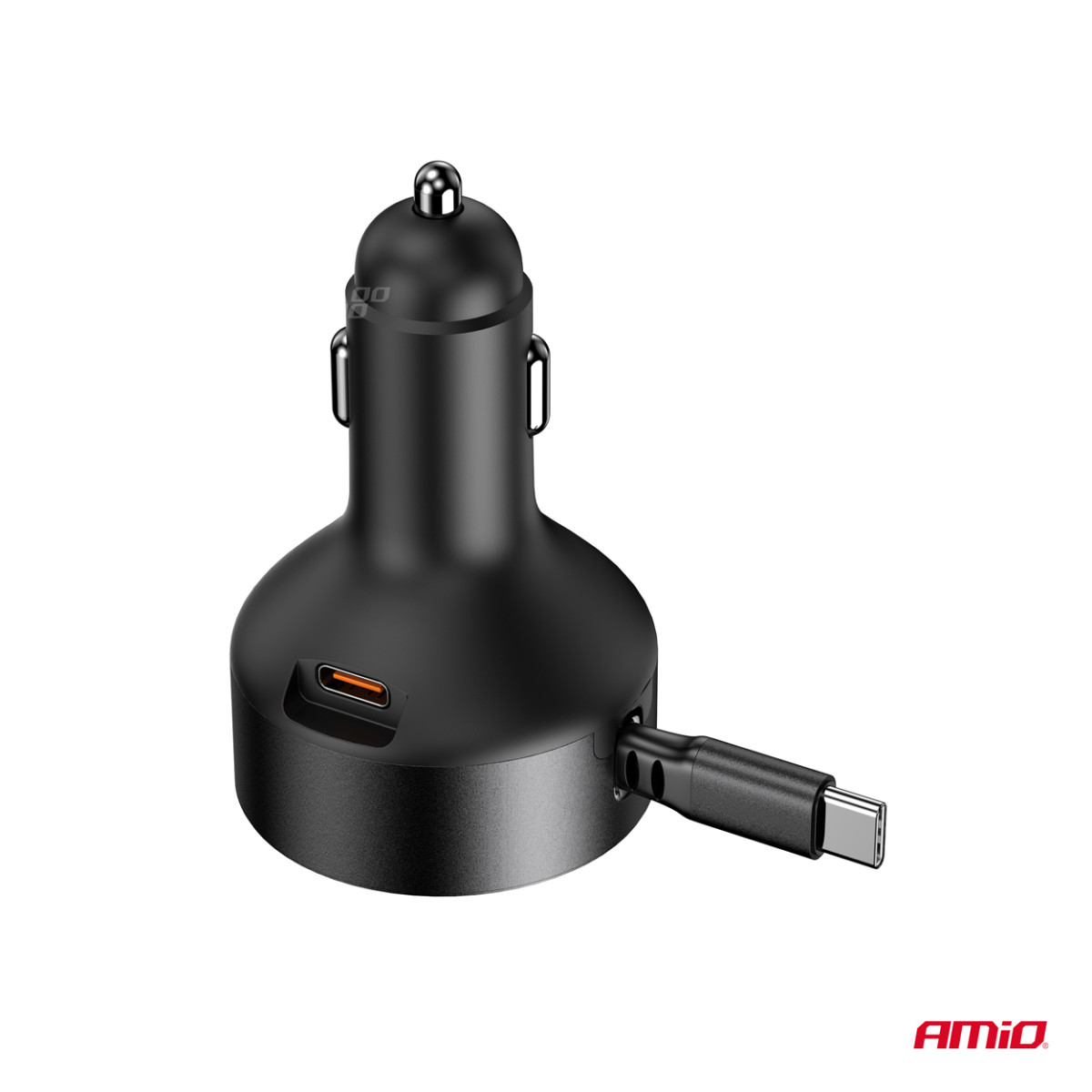 Billaddare med utdragbar C-kabel och USB-C 12/24V 60W AMIO-04368
