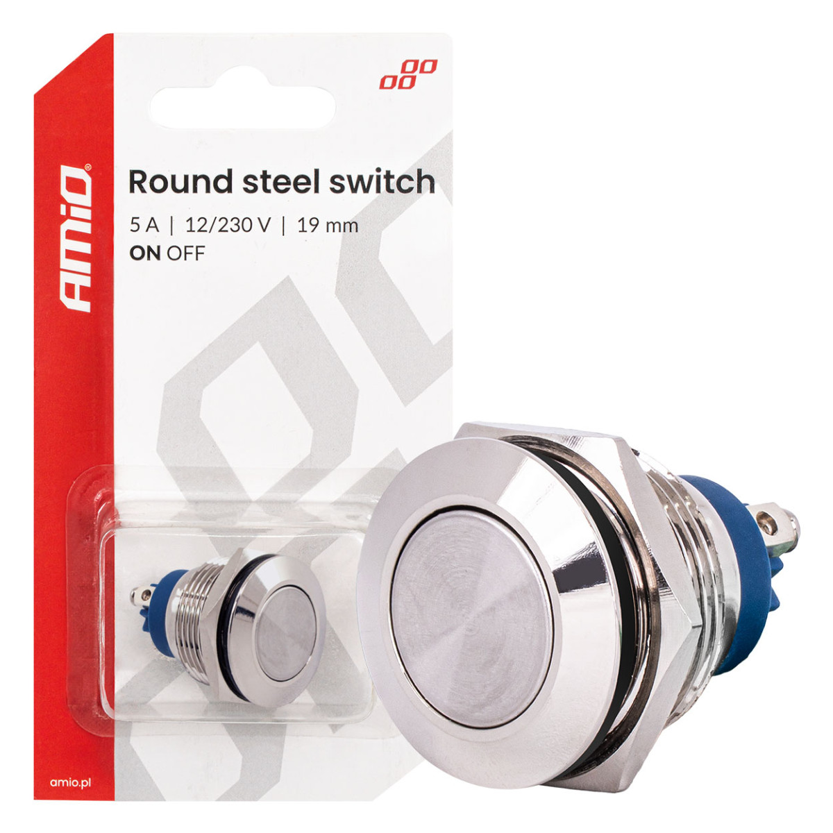 Rund metallströmbrytare ON/OFF 19 mm, 5 A, 12/230 V AMIO-04474