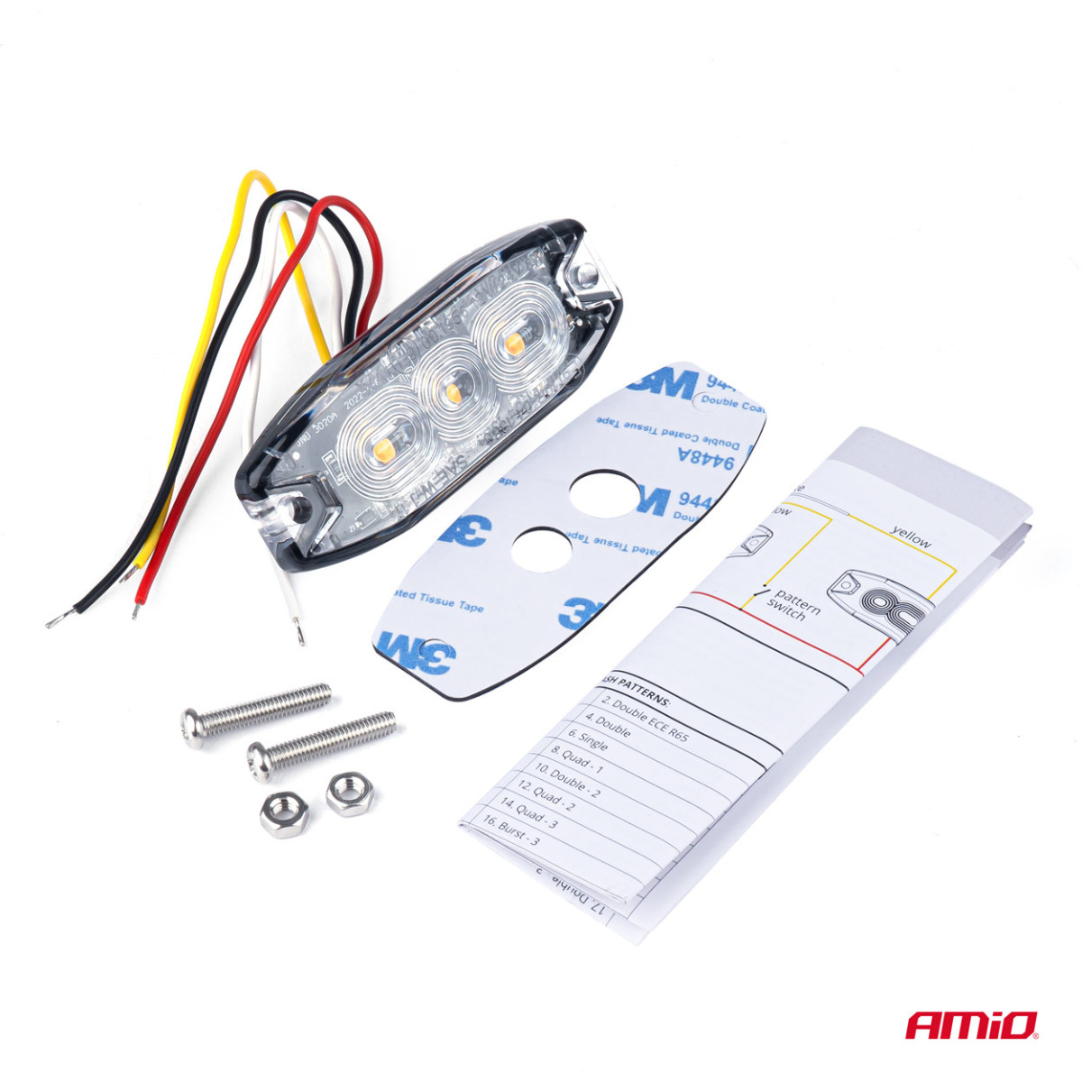 Platt LED-varningslampa Smal Gul 3x3W LED R65 R10 12/24V IP67 AMIO-02297