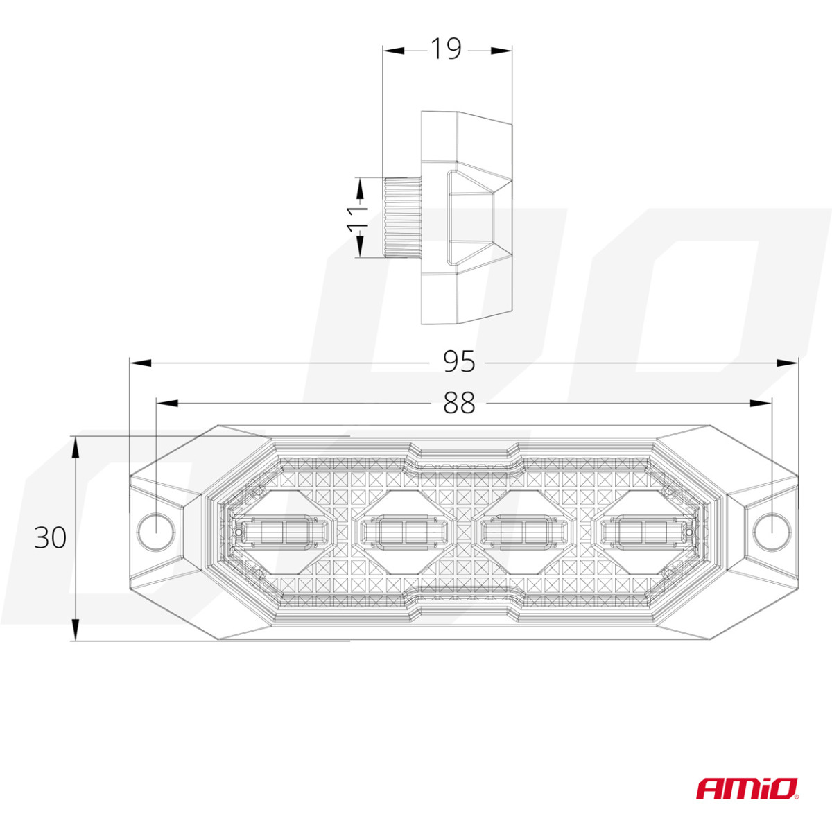 Platt LED-varningsblinkerslampa, orange, 4x3W, R65 R10, 12V/24V, IP6K9K AMIO-03929