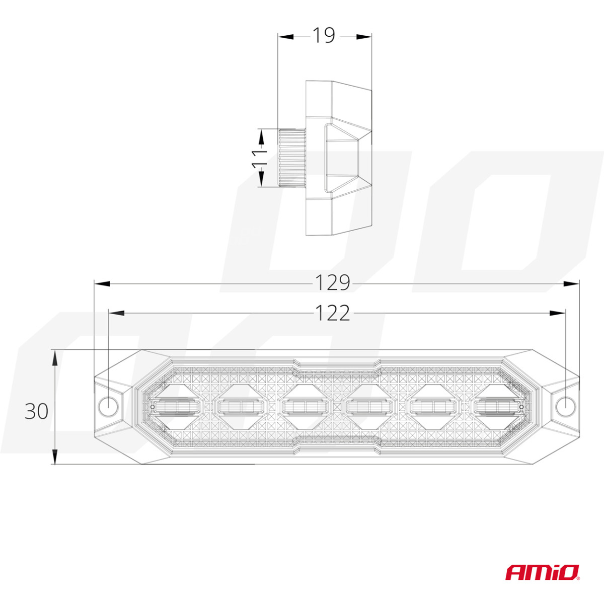 Platt LED-varningslampa 6x3W 12/24V R65 R10 AMIO-03930