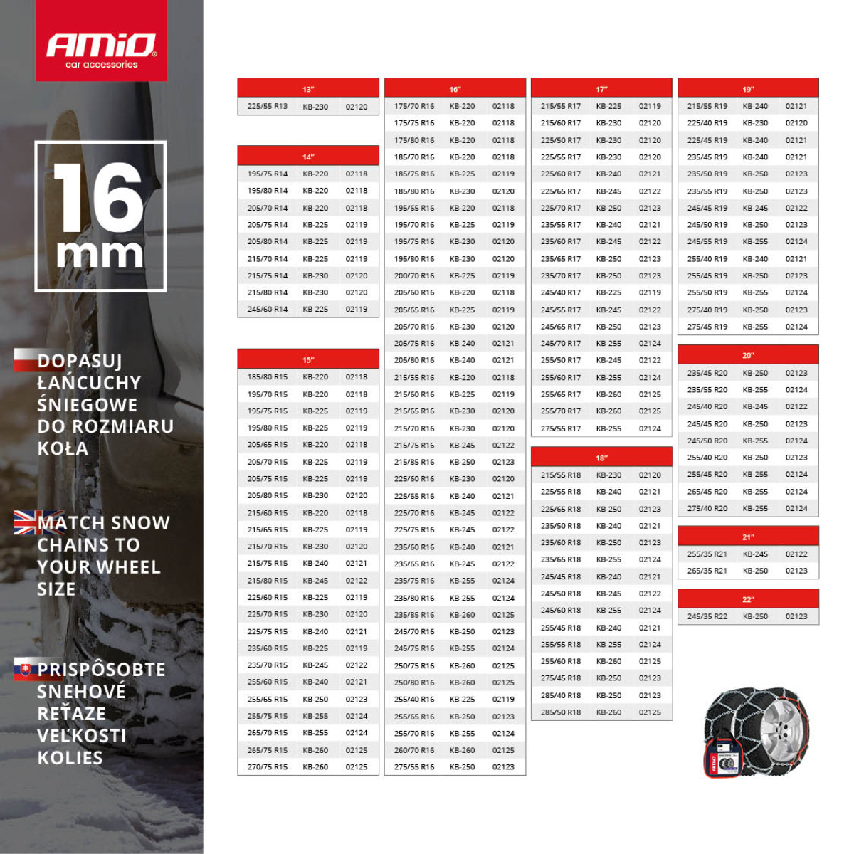 Snökedjor 16 mm, 4x4 KB-220