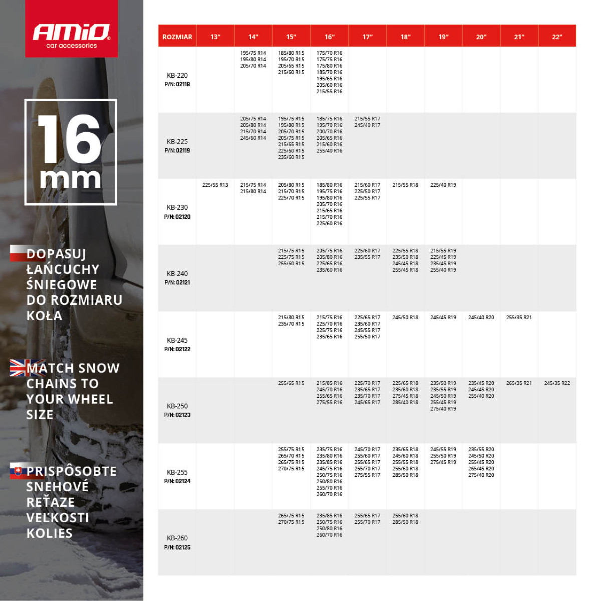 Snökedjor 16 mm, 4x4 KB-220