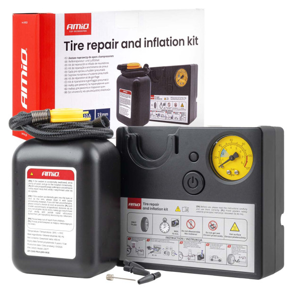 Däckreparationssats med kompressor, 12 V, 19 mm, AMIO-04929