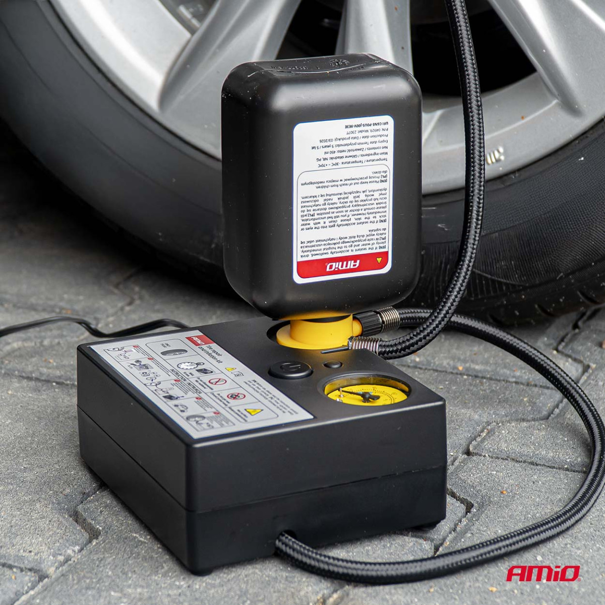 Däckreparationssats med kompressor, 12 V, 19 mm, AMIO-04929