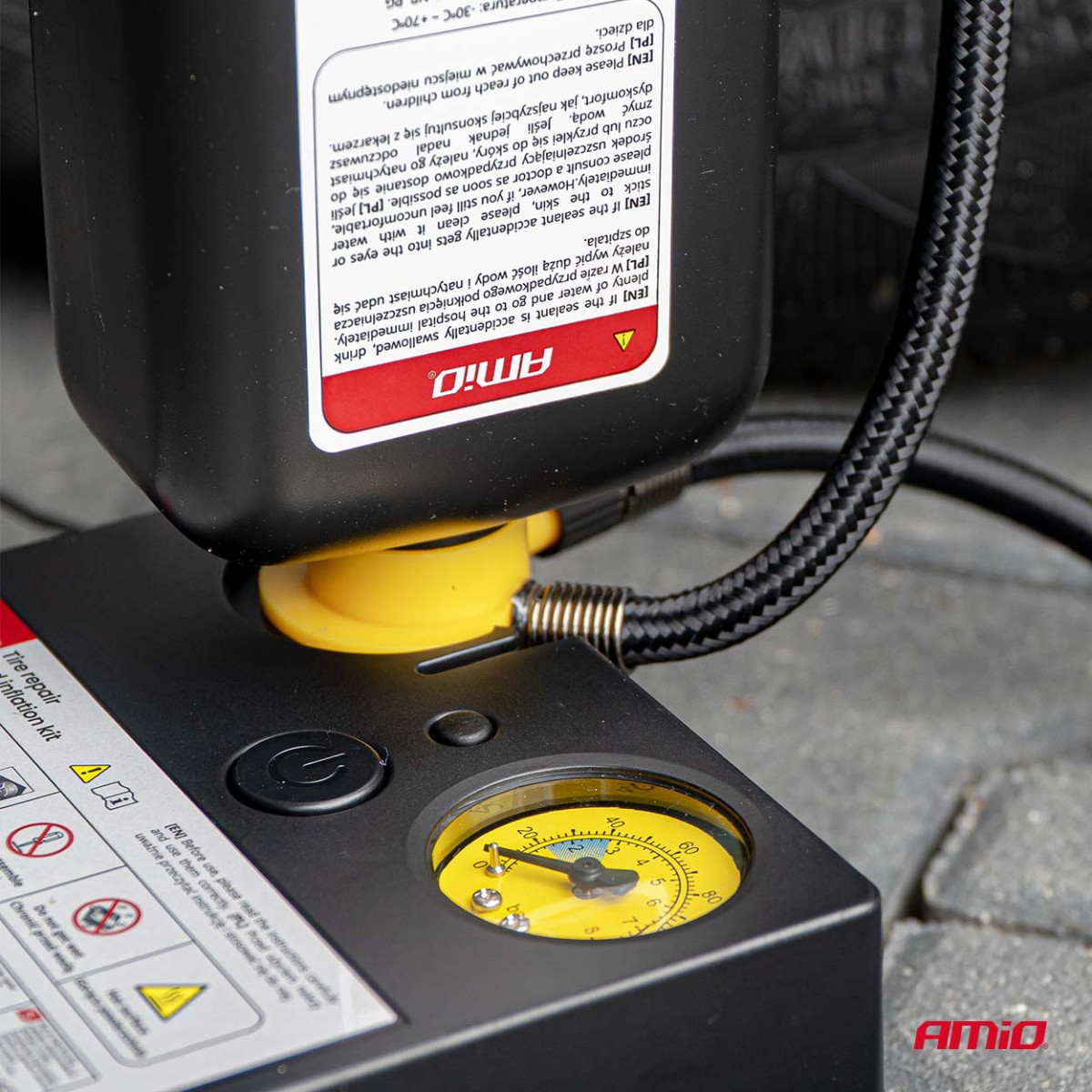 Däckreparationssats med kompressor, 12 V, 19 mm, AMIO-04929