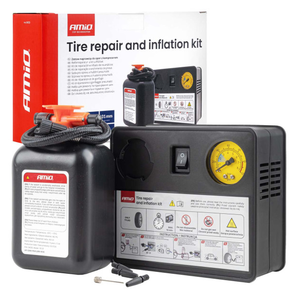 Däckreparationssats med kompressor, 12 V, 31 mm, AMIO-04930