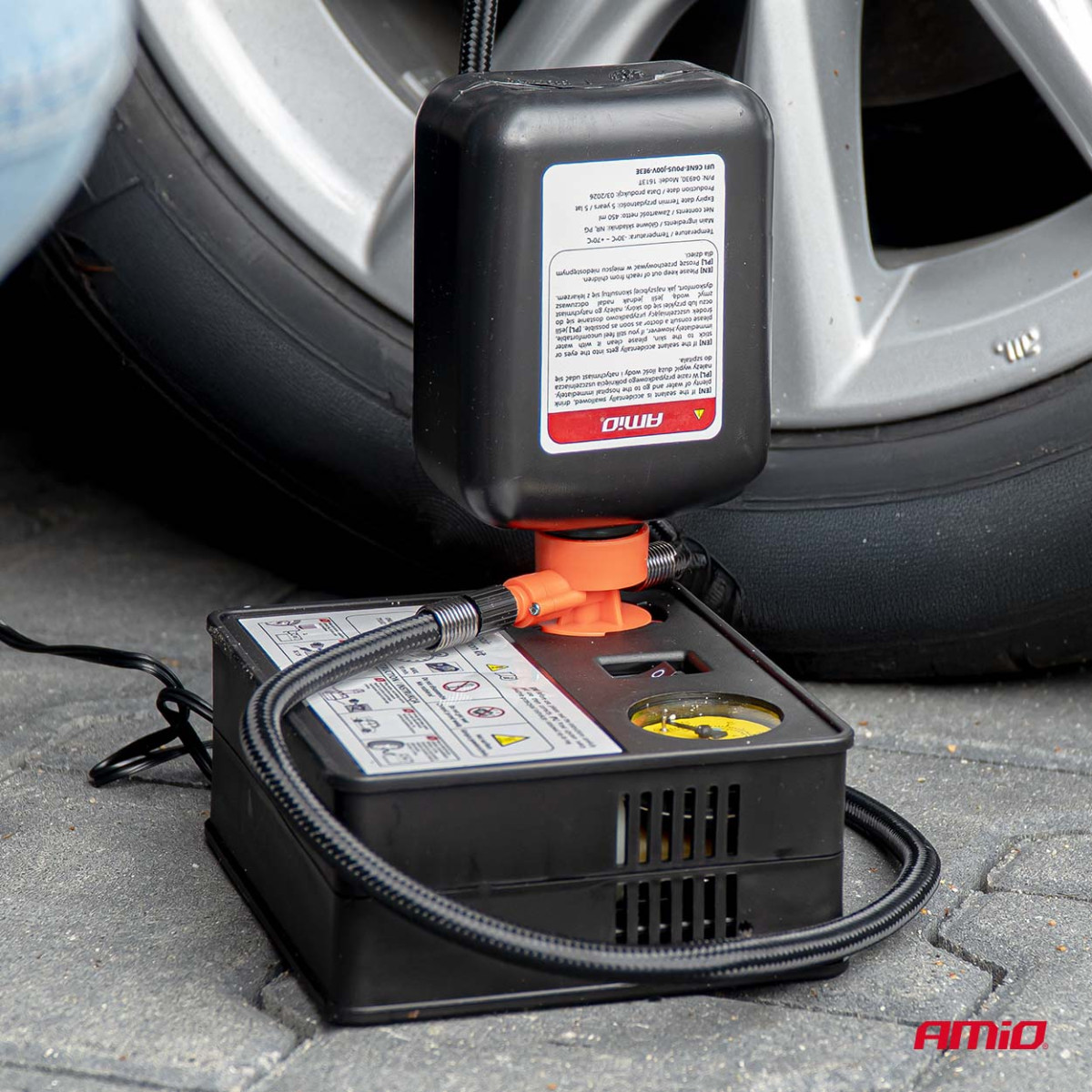 Däckreparationssats med kompressor, 12 V, 31 mm, AMIO-04930