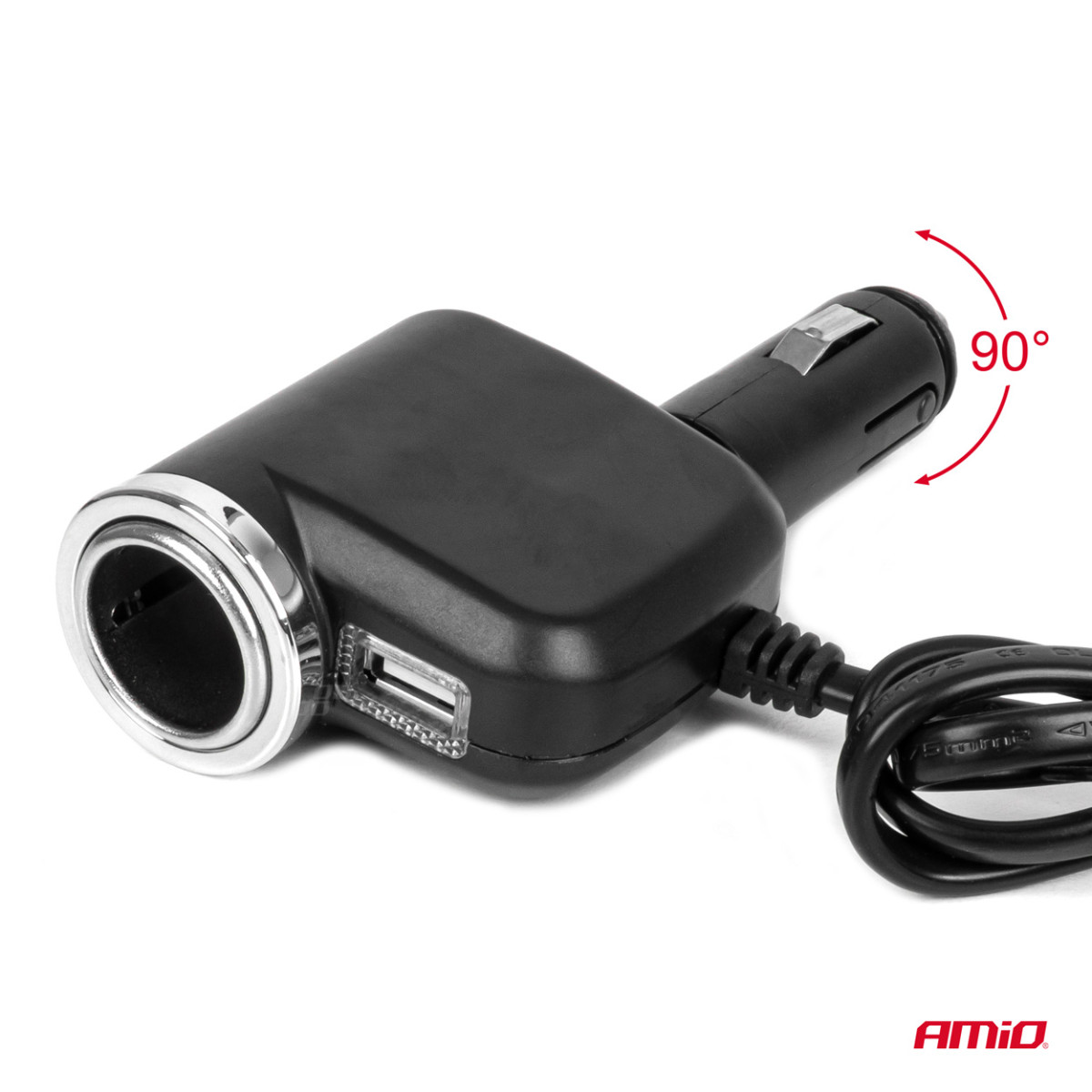 Tre-uttags förlängningssladd med laddare 1x USB-A + 1x cigarettändare 12/24V 120W 80 cm AMIO-04360