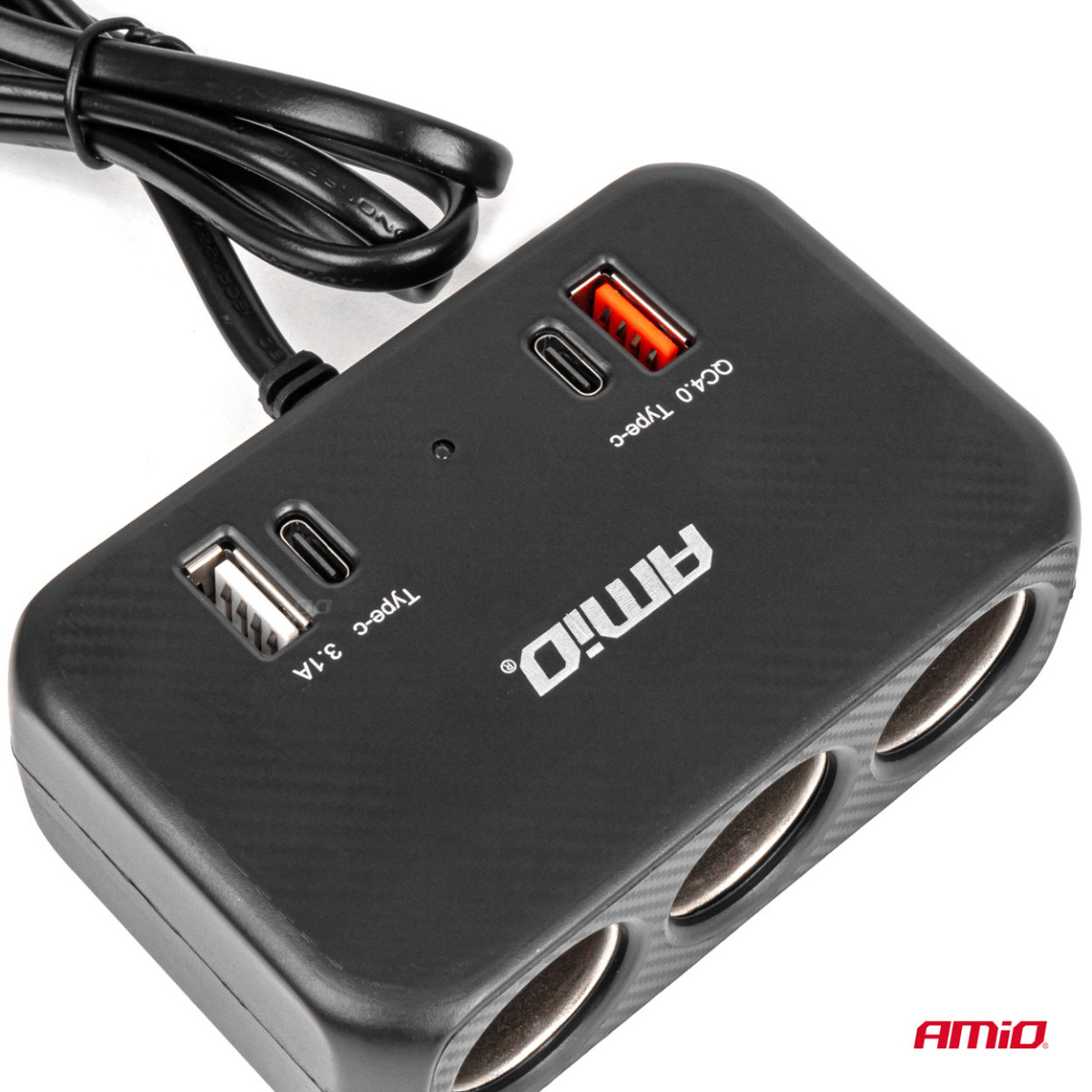 Treuttagsförlängningssladd med laddare 1x USB-A + 1x USB-C QC 4.0 12/24V 120W 80 cm AMIO-04365