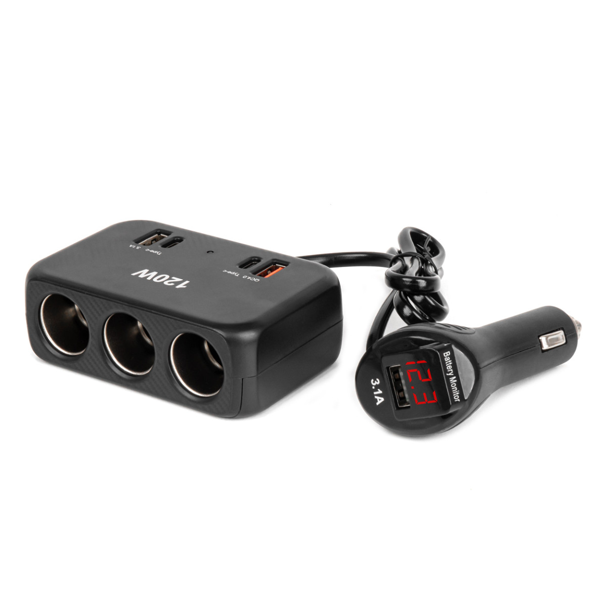 Tre-uttags förlängningssladd med laddare och digital display 2x USB-A + 1x USB-C QC 4.0 12/24V 120W 80 cm AMIO-04366