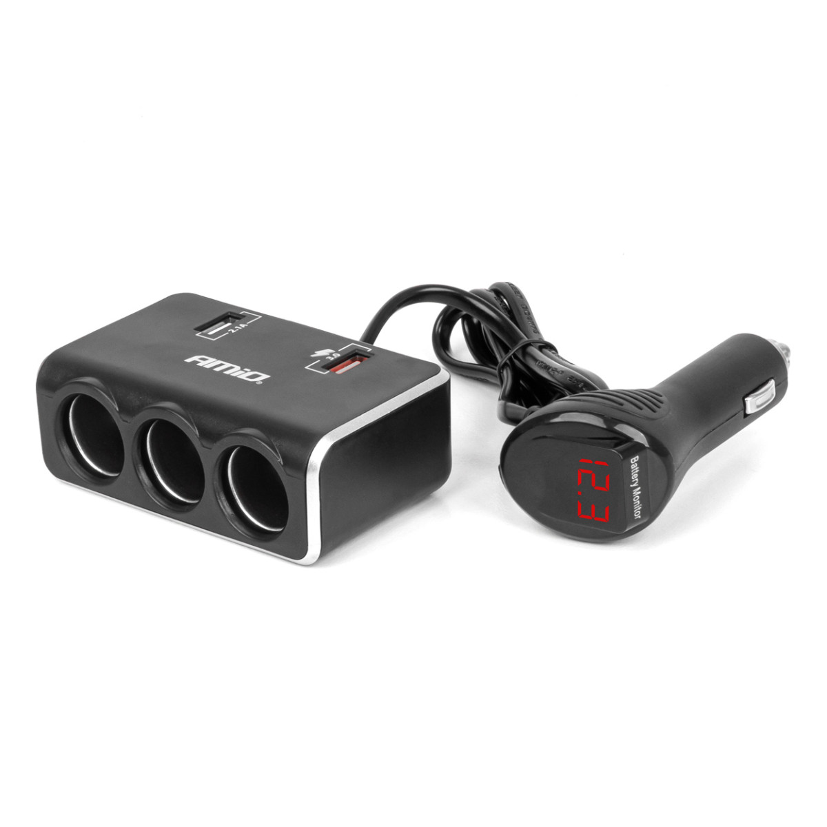 Tre-uttags förlängningssladd med laddare och digital display 2x USB-A QC 3.0 12/24V 120W 80 cm AMIO-04364