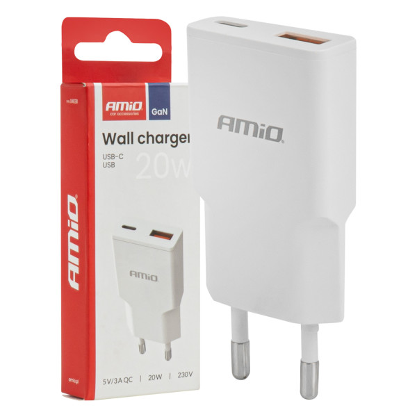 Nätladdare 230V 20W GaN USB-C USB-A AMIO-04838
