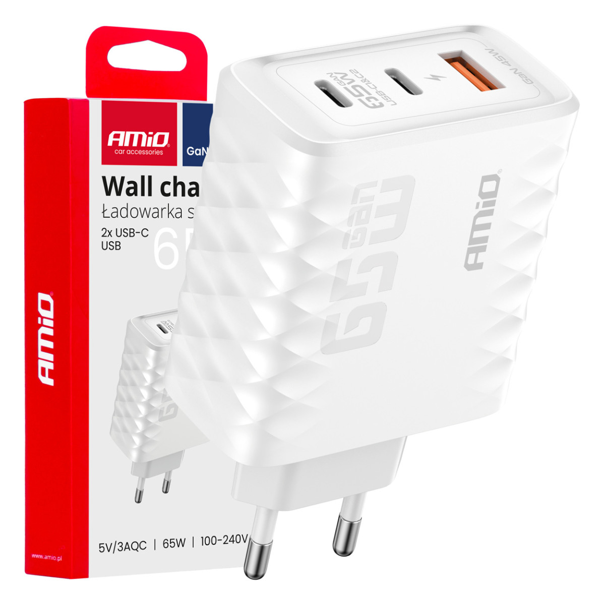 Väggladdare 65W snabbladdning USB-A + 2x USB-C AMIO-04289