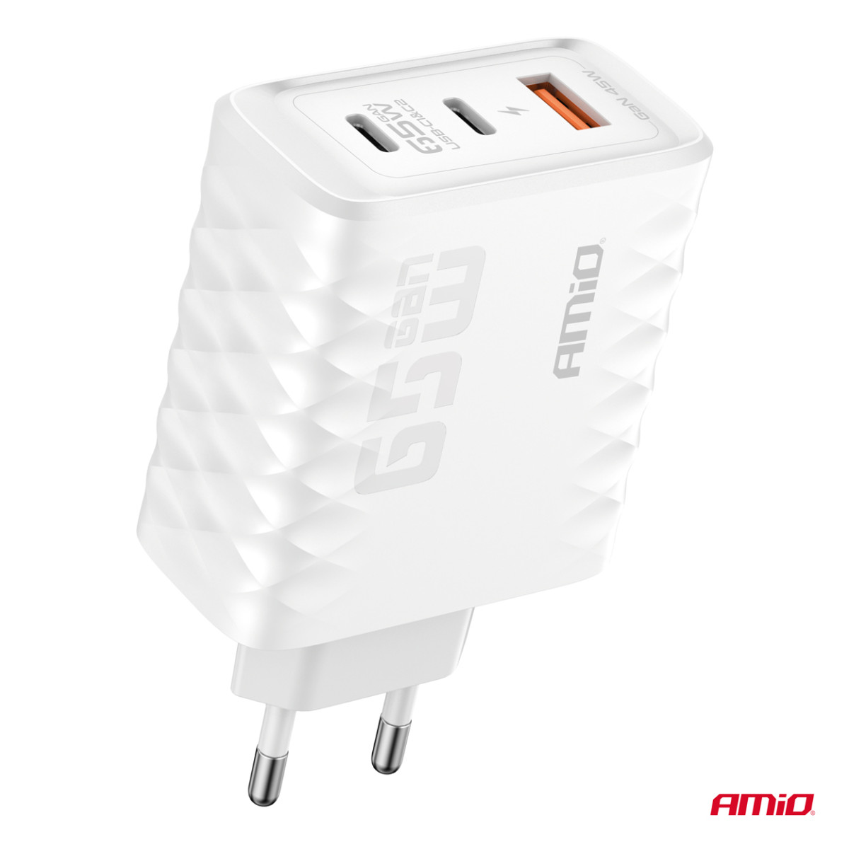 Väggladdare 65W snabbladdning USB-A + 2x USB-C AMIO-04289