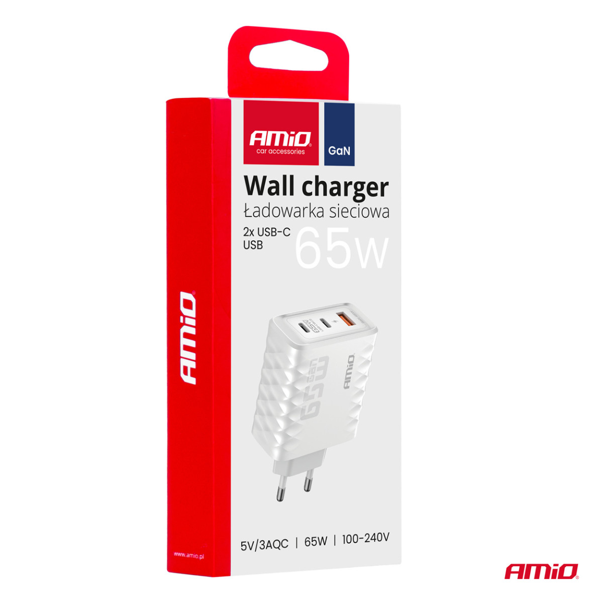 Väggladdare 65W snabbladdning USB-A + 2x USB-C AMIO-04289