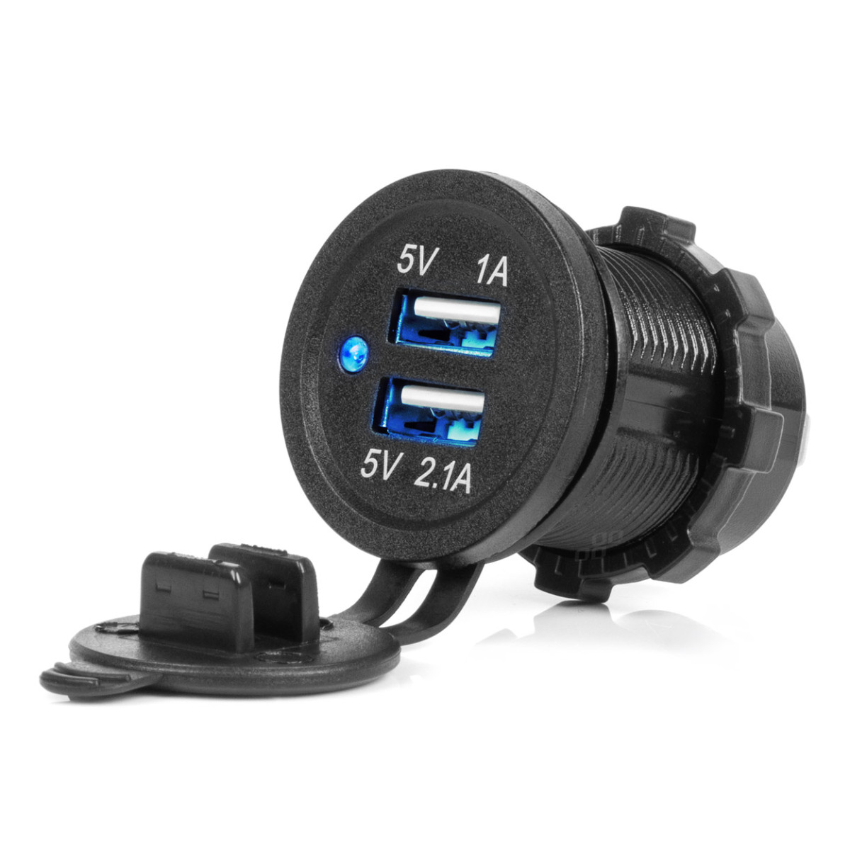 Vattentät telefonladdare med blå LED-indikator 3.1A, 2xUSB 12/24V AMIO-04216
