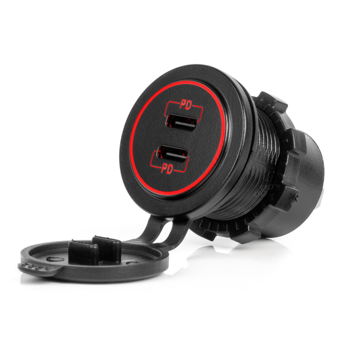 Vattentät telefonladdare med röd LED-belysning, 2xUSB-C 12/24V AMIO-04223