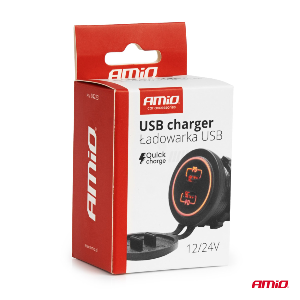 Vattentät telefonladdare med röd LED-belysning, 2xUSB-C 12/24V AMIO-04223