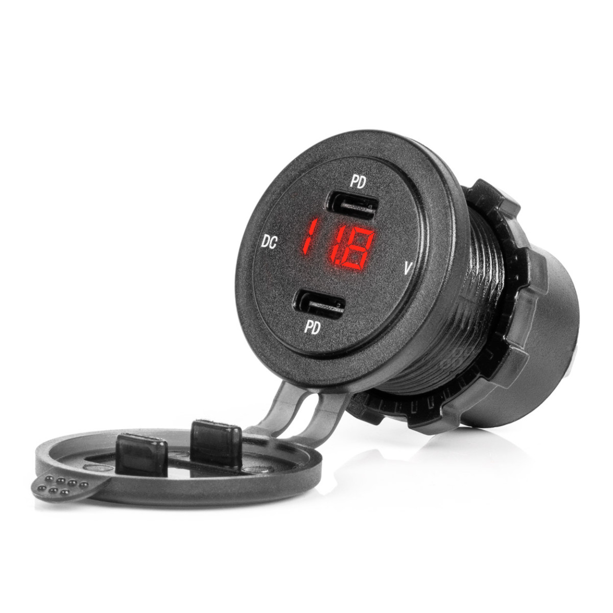 Vattentät telefonladdare med digital voltmeter och röd LED-indikator, 2xUSB-C 12/24V AMIO-04225