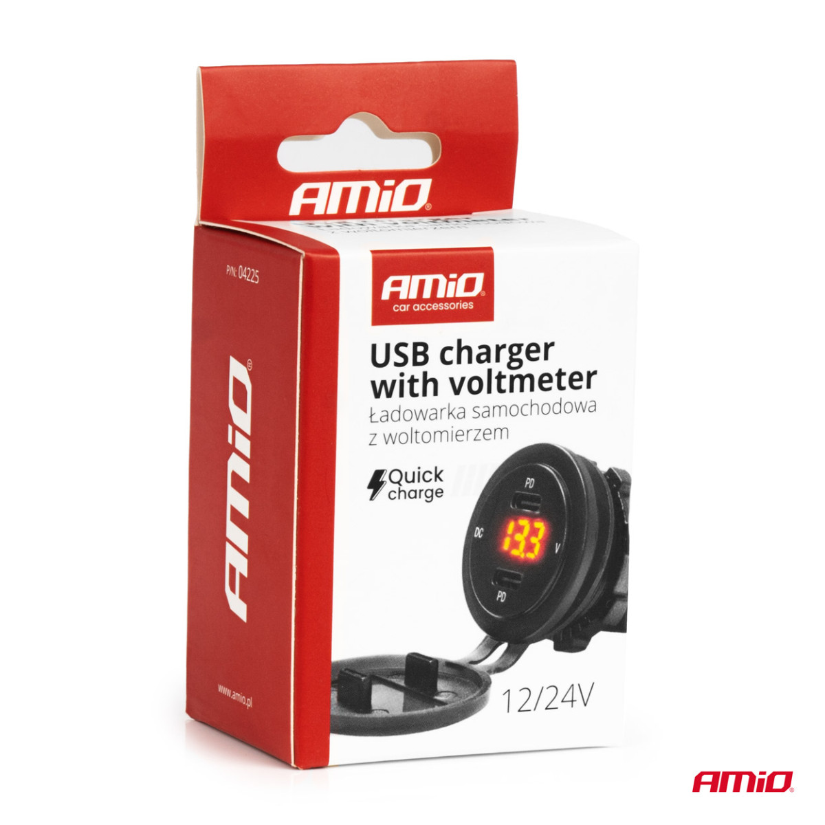 Vattentät telefonladdare med digital voltmeter och röd LED-indikator, 2xUSB-C 12/24V AMIO-04225