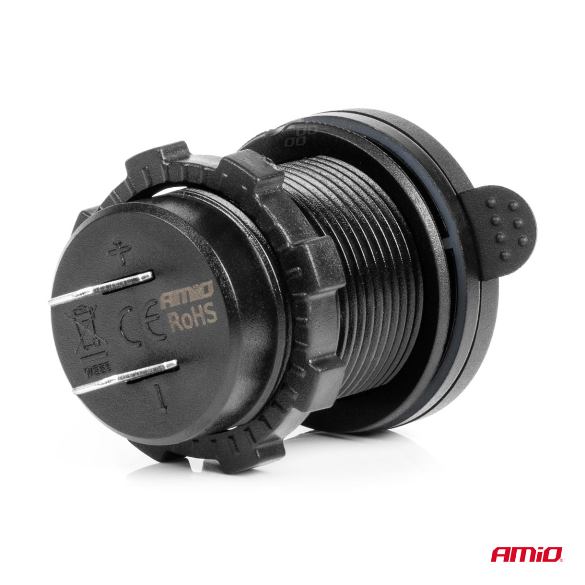 Vattentät telefonladdare med strömbrytare och blå LED-belysning, USB + 2xUSB C QC3.0 12/24V AMIO-04596