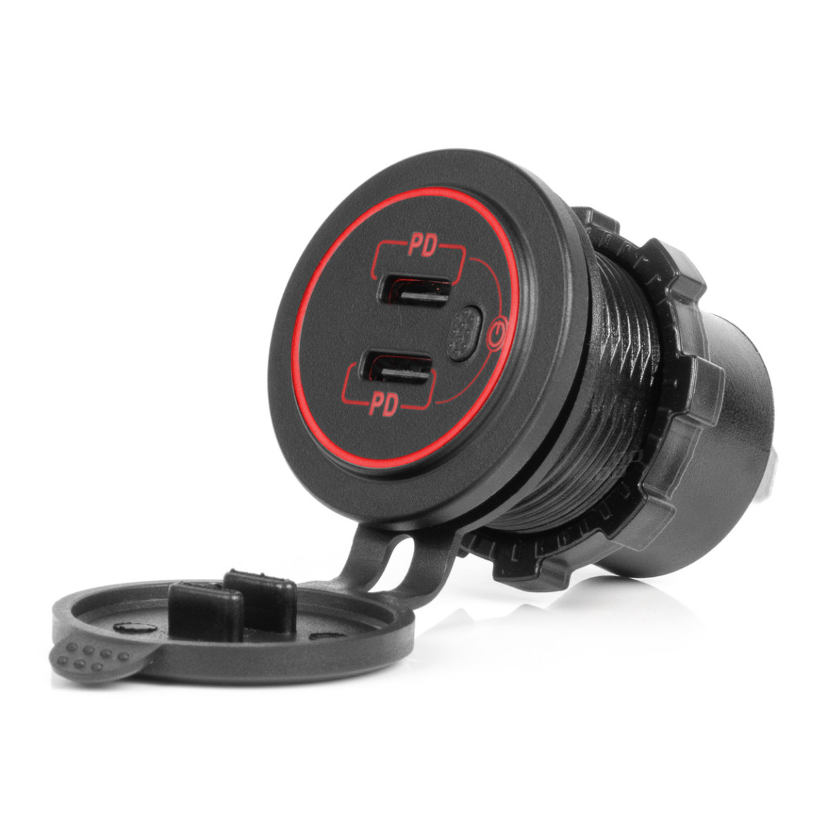 Vattentät telefonladdare med strömbrytare och röd LED-lampa, 2xUSB-C 12/24V AMIO-04224